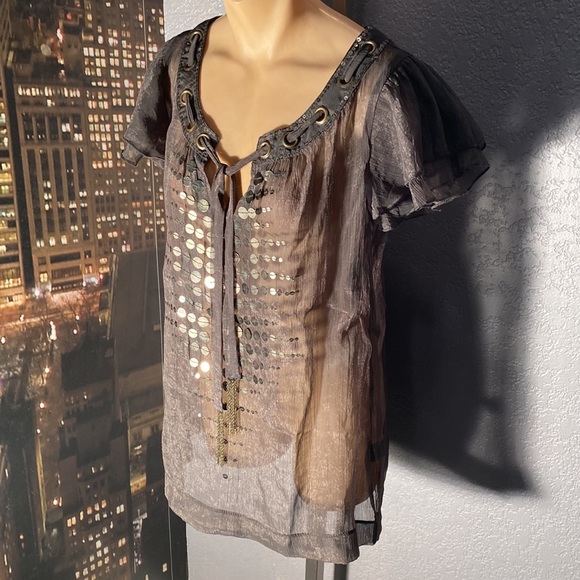 CECICO - sheer top: grey short ruffle sleeves, gold sequins & neck tie - L - Picture 3 of 16